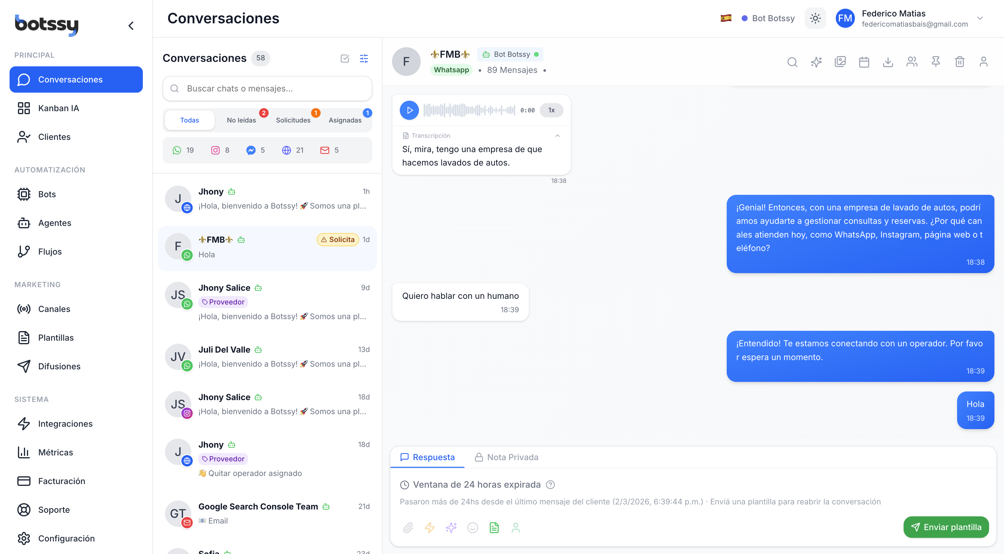 Botssy Dashboard - Conversaciones